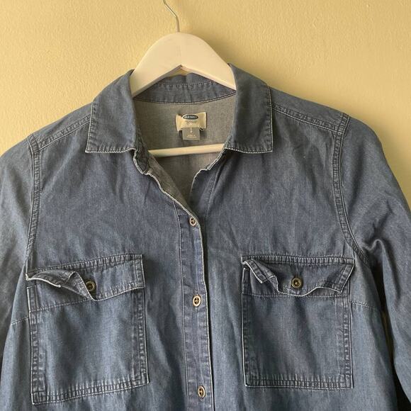 Old Navy Blue Soft Denim Jeans Button Down High Low Hem Dress w Collar - S - Picture 5 of 8